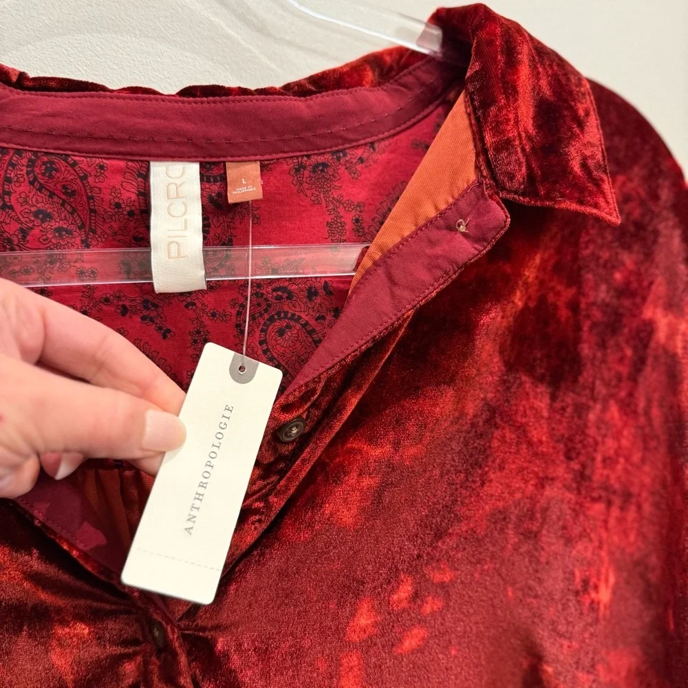 NWT - Anthropologie Pilcro Orsay Cherry Red Velvet Button Down Top Size L - Picture 4 of 10